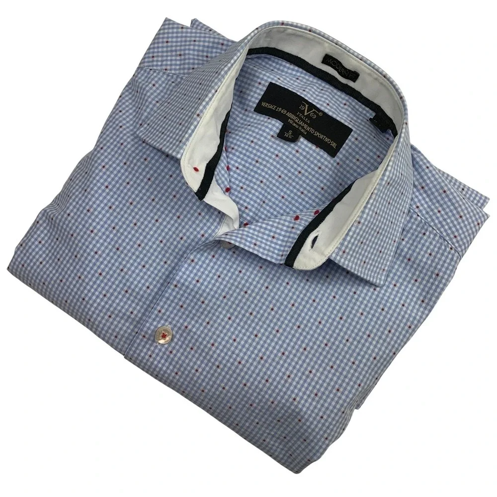 Versace 19V69 Mens Blue Gingham Red Dot Button Down Shirt‎ Modern Fit Small 14.5